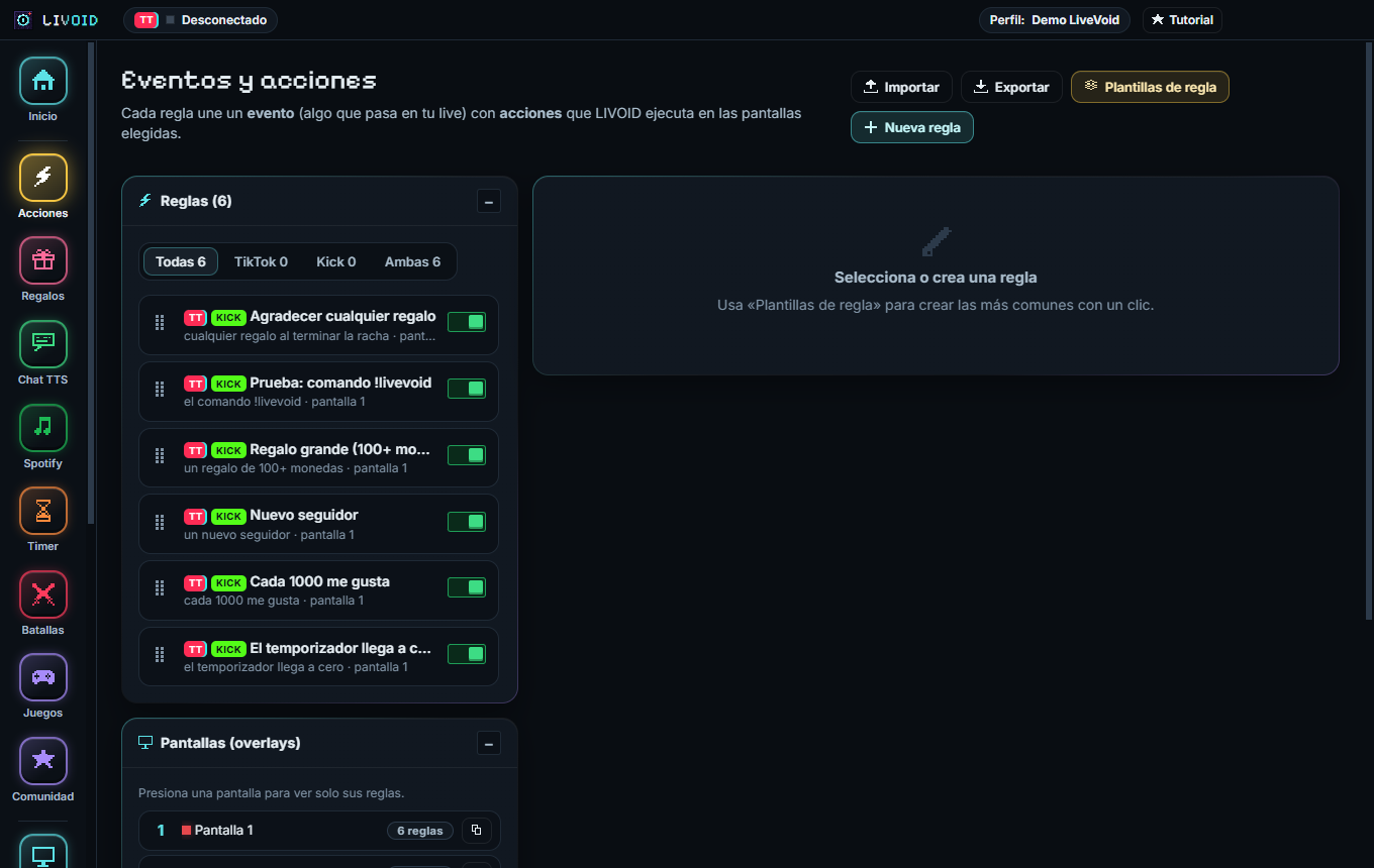 Editor de eventos y acciones de LIVOID