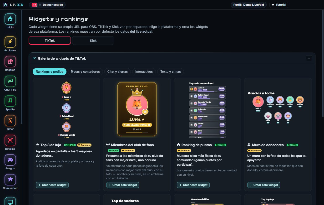 Galería de widgets de LIVOID: Top 3, club de fans, ranking de puntos y muro de donadores
